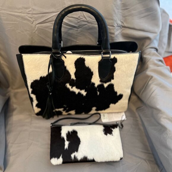 BUNDLE Black/Haircalf Leather Triple Compartment Satchel & Convertible Clutch